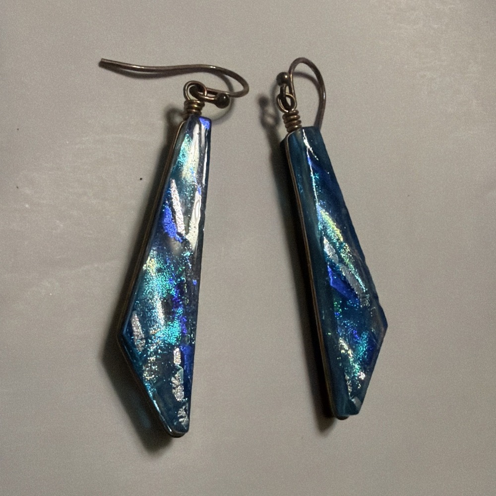 Vintage Sterling Silver Green Gold Flakes Venetian Glass Dangle Pierced Earrings